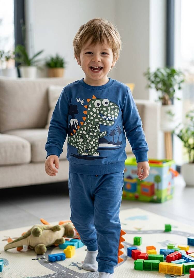 Dinozor Baskılı Mavi Erkek Bebek Eşofman Takımı - 1