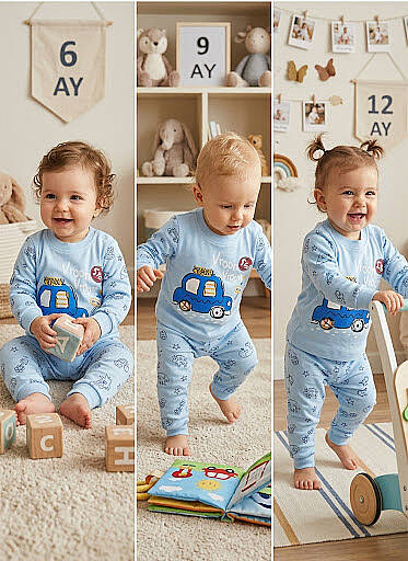 Erkek Bebek Araba Baskılı Pamuklu Pijama Takımı / Eşofman Takımı - Mavi