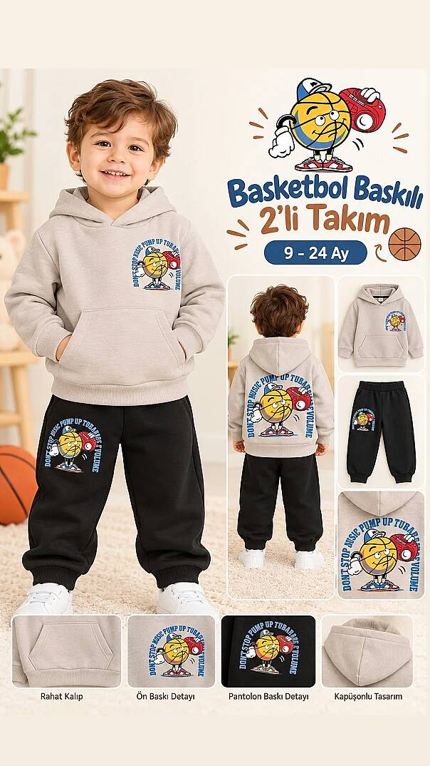 Erkek Bebek Basketbol Baskılı Kapüşonlu Sweatshirt ve Eşofman Altı 2'li Takım - 1