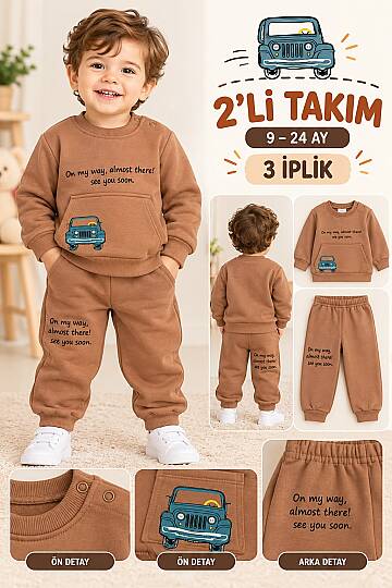 Erkek Bebek Taba / Kahve Araba Desenli Kanguru Cepli 3 İplik Eşofman Takımı