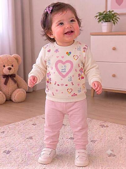 Kalp Baskılı Pembe  Pamuklu Çiçek Desenli Kız Bebek Alt Üst Takım