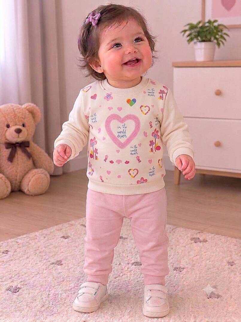 Kalp Baskılı Pembe Pamuklu Çiçek Desenli Kız Bebek Alt Üst Takım - 1
