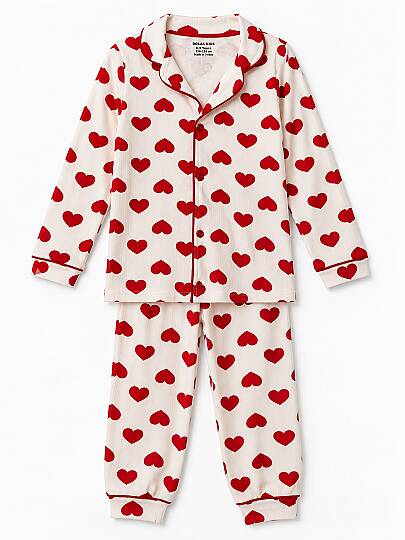 Kalp Desenli Önden Düğmeli Çocuk Pijama Takımı - Alt Üst Set