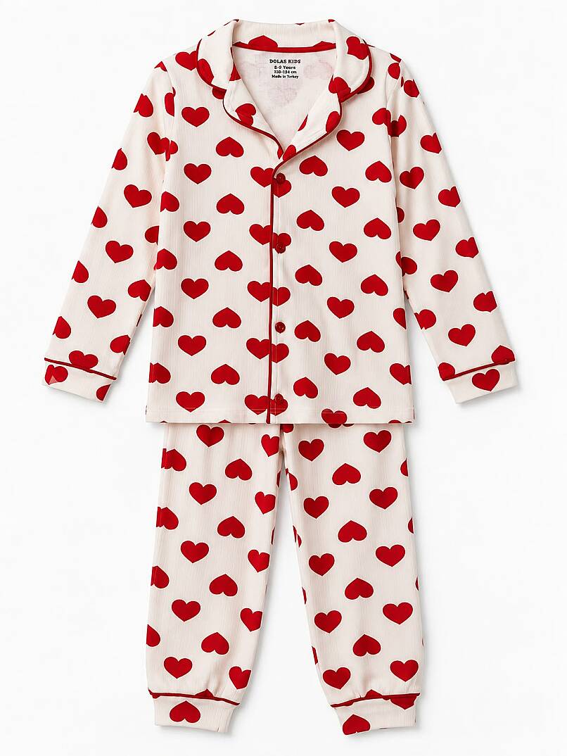 Kalp Desenli Önden Düğmeli Çocuk Pijama Takımı - Alt Üst Set - 1