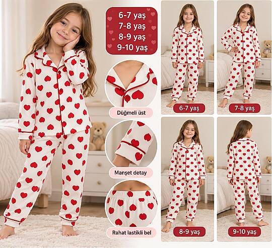 Kalp Desenli Önden Düğmeli Çocuk Pijama Takımı - Alt Üst Set - 2