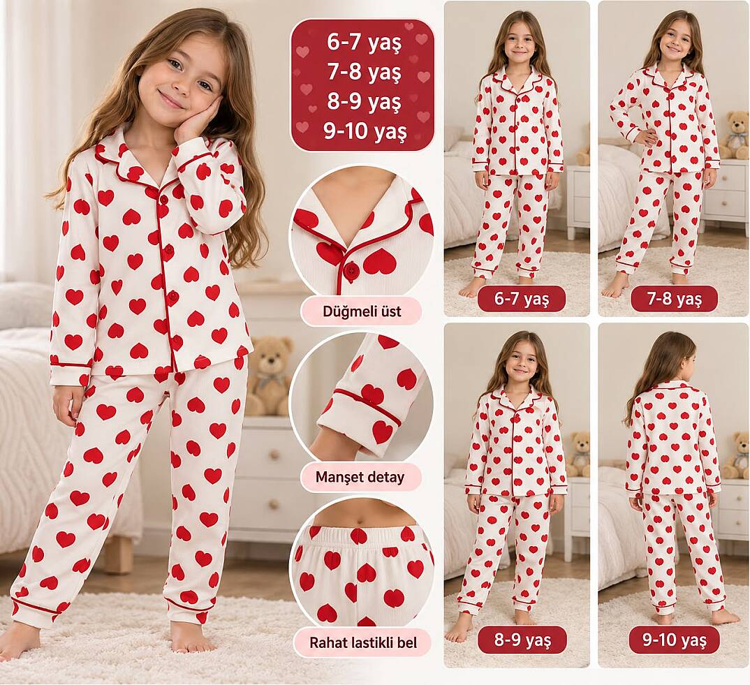 Kalp Desenli Önden Düğmeli Çocuk Pijama Takımı - Alt Üst Set - 2