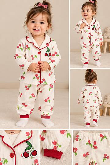 Kız Bebek Ekru Kiraz Desenli Pamuk Pijama Takımı