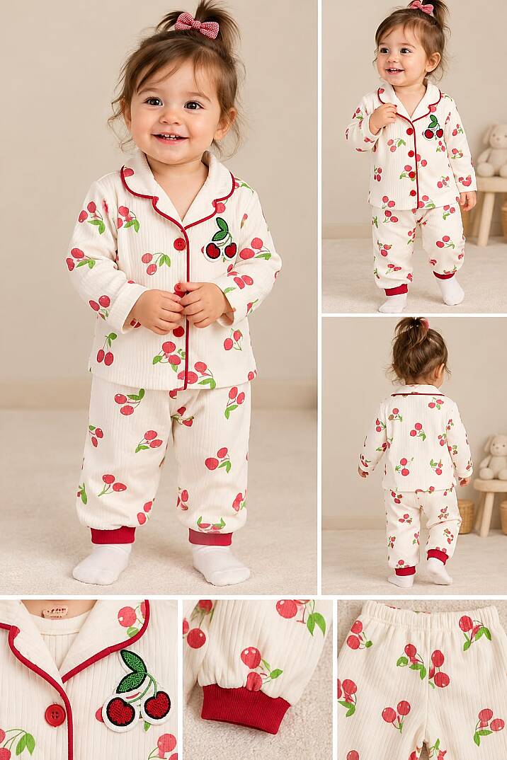 Kız Bebek Ekru Kiraz Desenli Pamuk Pijama Takımı - 1