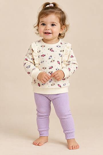 Kız Bebek Fırfırlı Şeker Desenli Sweatshirt ve Fitilli Tayt İkili Takım - Lila