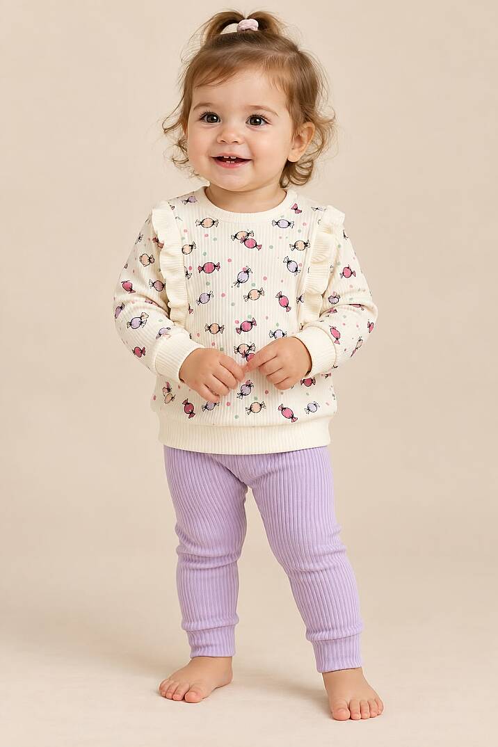 Kız Bebek Fırfırlı Şeker Desenli Sweatshirt ve Fitilli Tayt İkili Takım - Lila - 1
