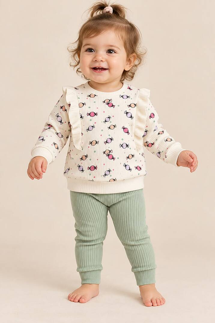 Kız Bebek Fitilli Alt Üst İkili Takım - Fırfırlı Şeker Desenli Sweatshirt - 1