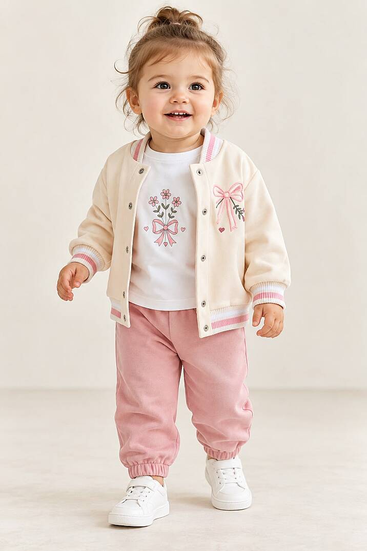 Kız Bebek Kurdele Nakışlı Kolej Ceketli 3'lü Eşofman Takımı - Ekru / Pembe - 1