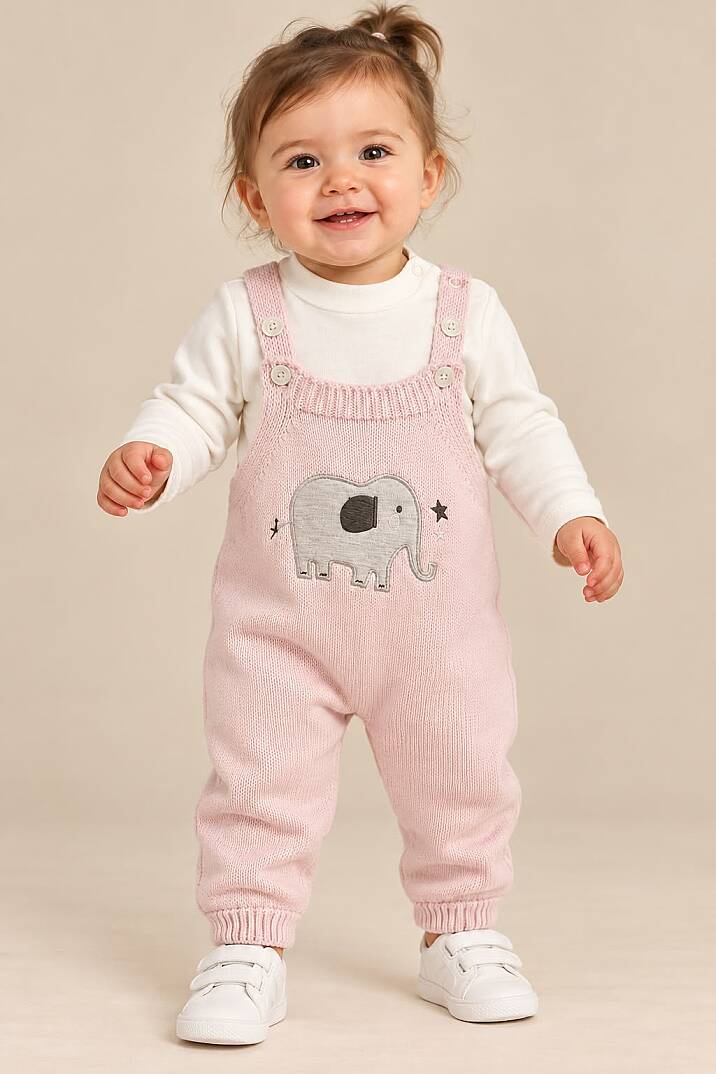 Kız Bebek Pembe Fil Nakışlı Örgü Salopet ve Beyaz Body 2'li Takım - 1