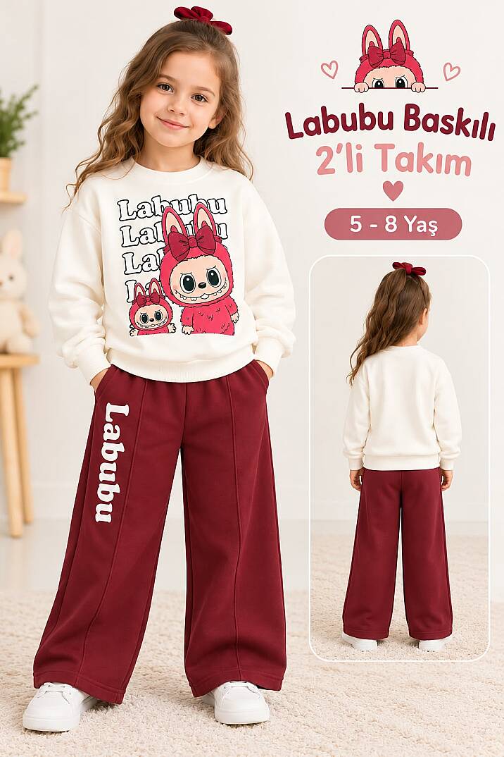 Kız Çocuk Bordo Bol Paça Labubu Baskılı Trend Alt Üst Takım - 1