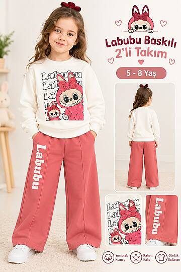 Kız Çocuk Gül Kurusu Labubu Baskılı Trend Alt Üst Takım 5-8 YAŞ