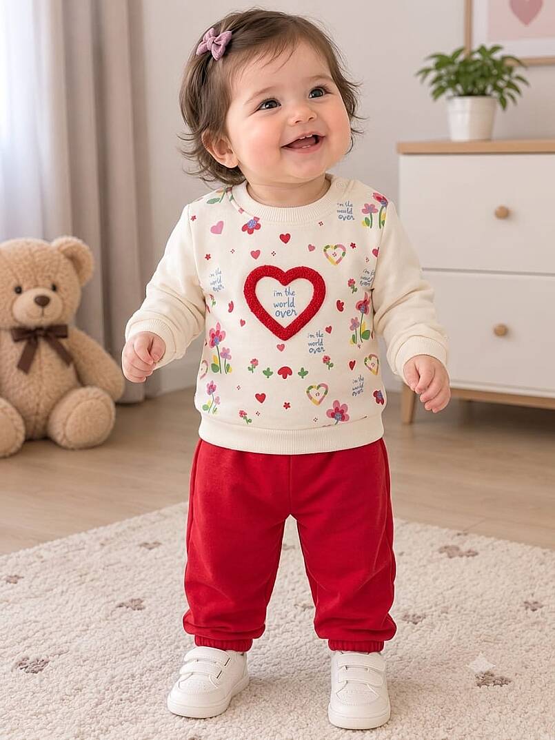 Sevimli Kalp Desenli Uzun Kollu Kız Bebek Takımı - 1