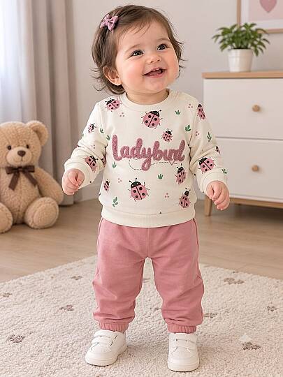 Uğur Böceği Baskılı Pamuklu Kız Bebek  Takımı