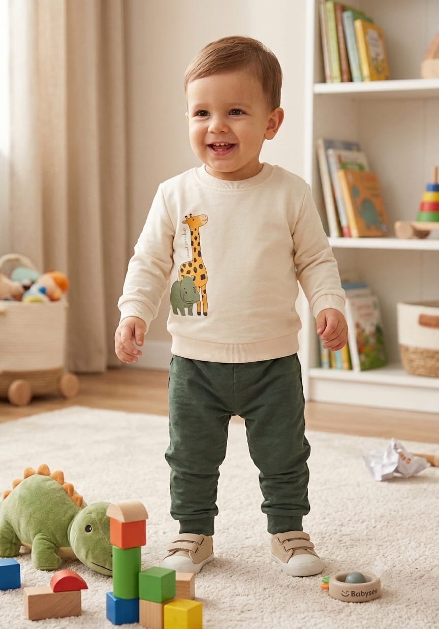 Zürafa Figürlü Uzun Kollu Pamuklu Erkek Bebek 2'li Takım - 1